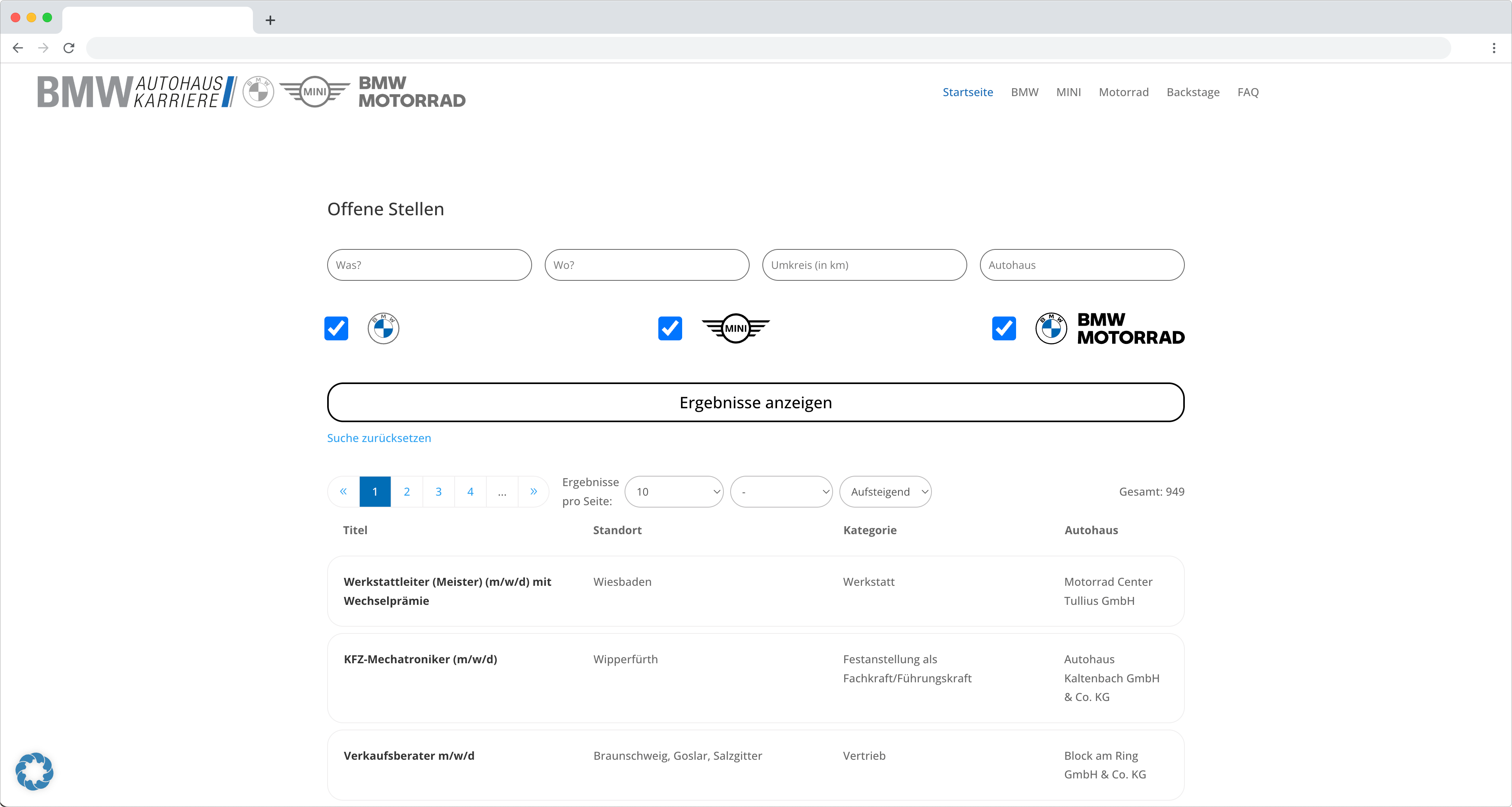Browserframe Screenshot BMW Karriere Startseite Abschnitt "Jobs"