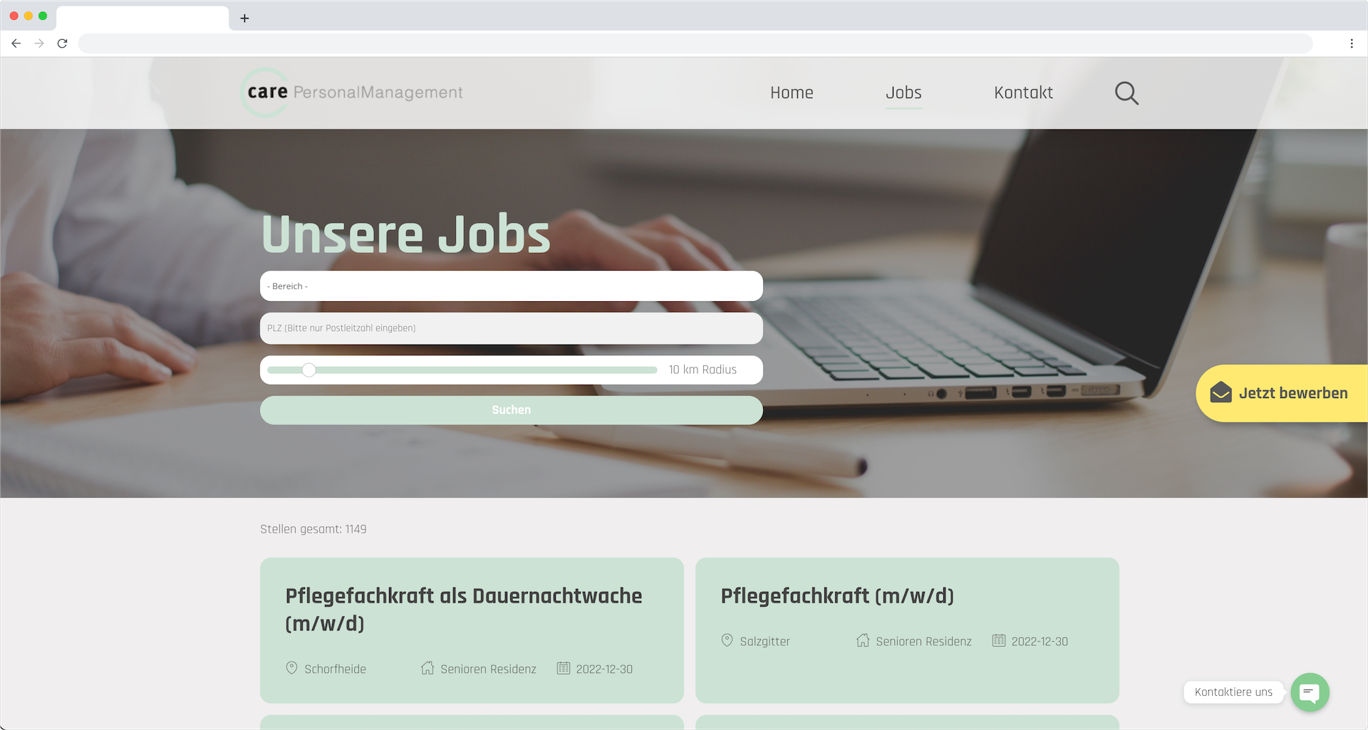 Frame Screenshot care Personalmanagement Job Portal
