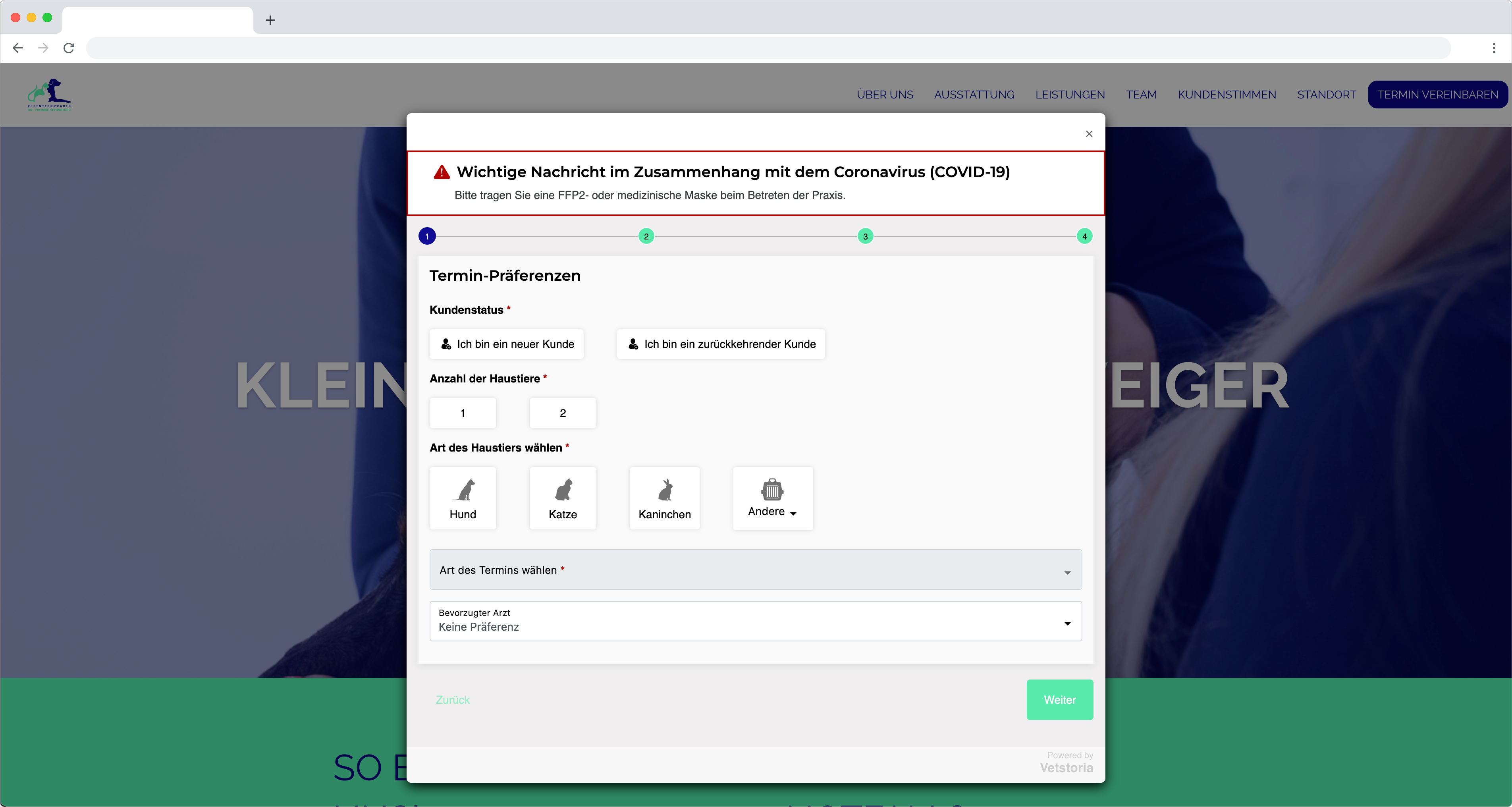 Browserframe Screenshot Kleintierpraxis Musberg Terminbuchung