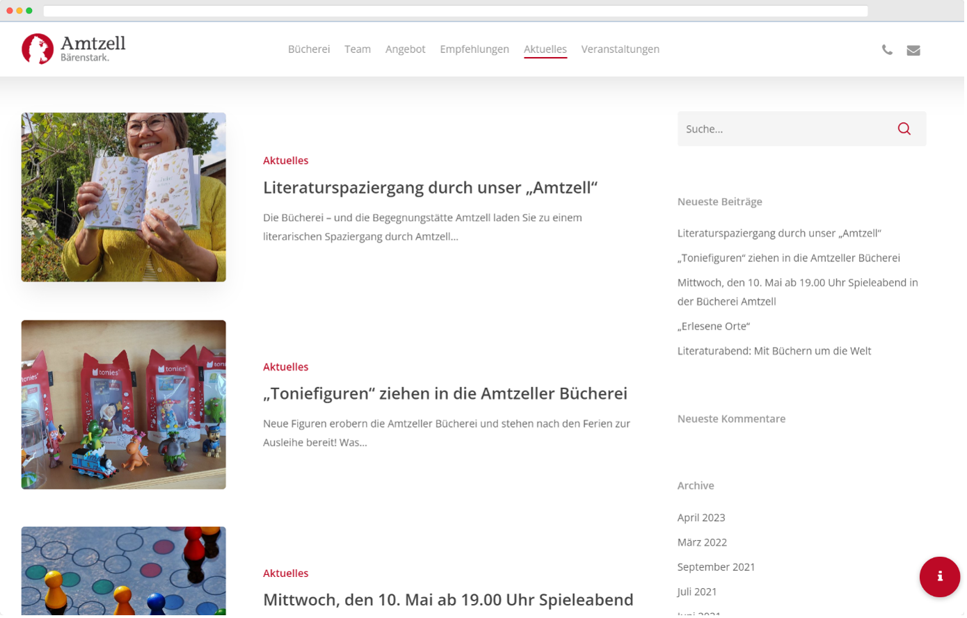 Webseite Bücherei Amtzell Screenshot Aktuelles