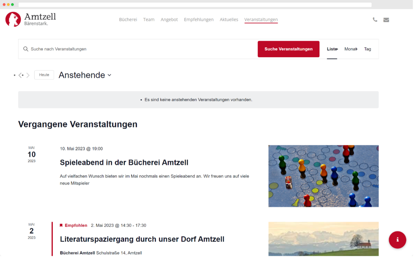 Webseite Bücherei Amtzell Screenshot Vergangene Veranstaltungen