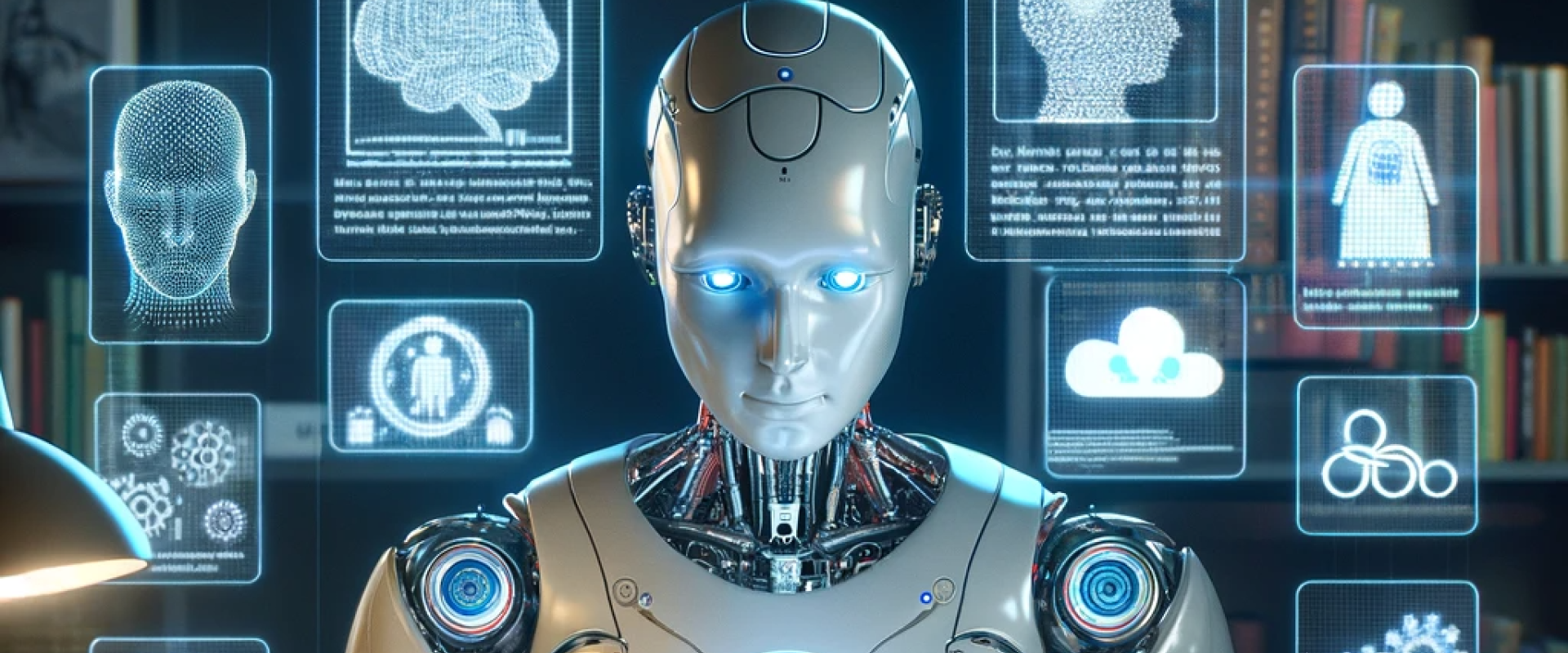 Ein konzeptionelles Bild für einen Blogartikel über KI und Ethik. Die Szene zeigt einen humanoiden Roboter, der an einem Schreibtisch sitzt und ein Buch mit dem Titel 